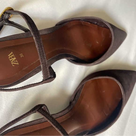 Like New Zara Deep Brown Suede Pointed Toe Mary Jane Kitten Heel EU 36 | US 6 - Picture 12 of 16